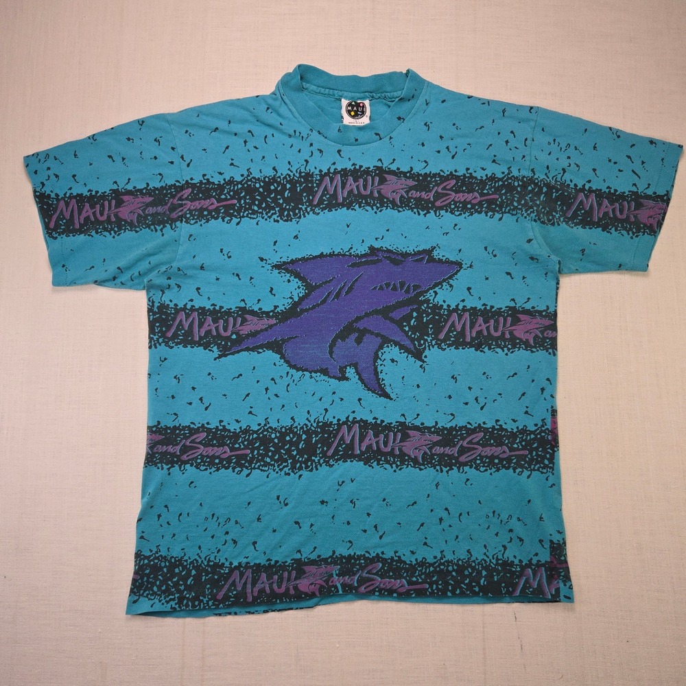 VTG Maui & Sons Shark AOP T-Shirt All Over Print Teal Men's L Single Stitch USA